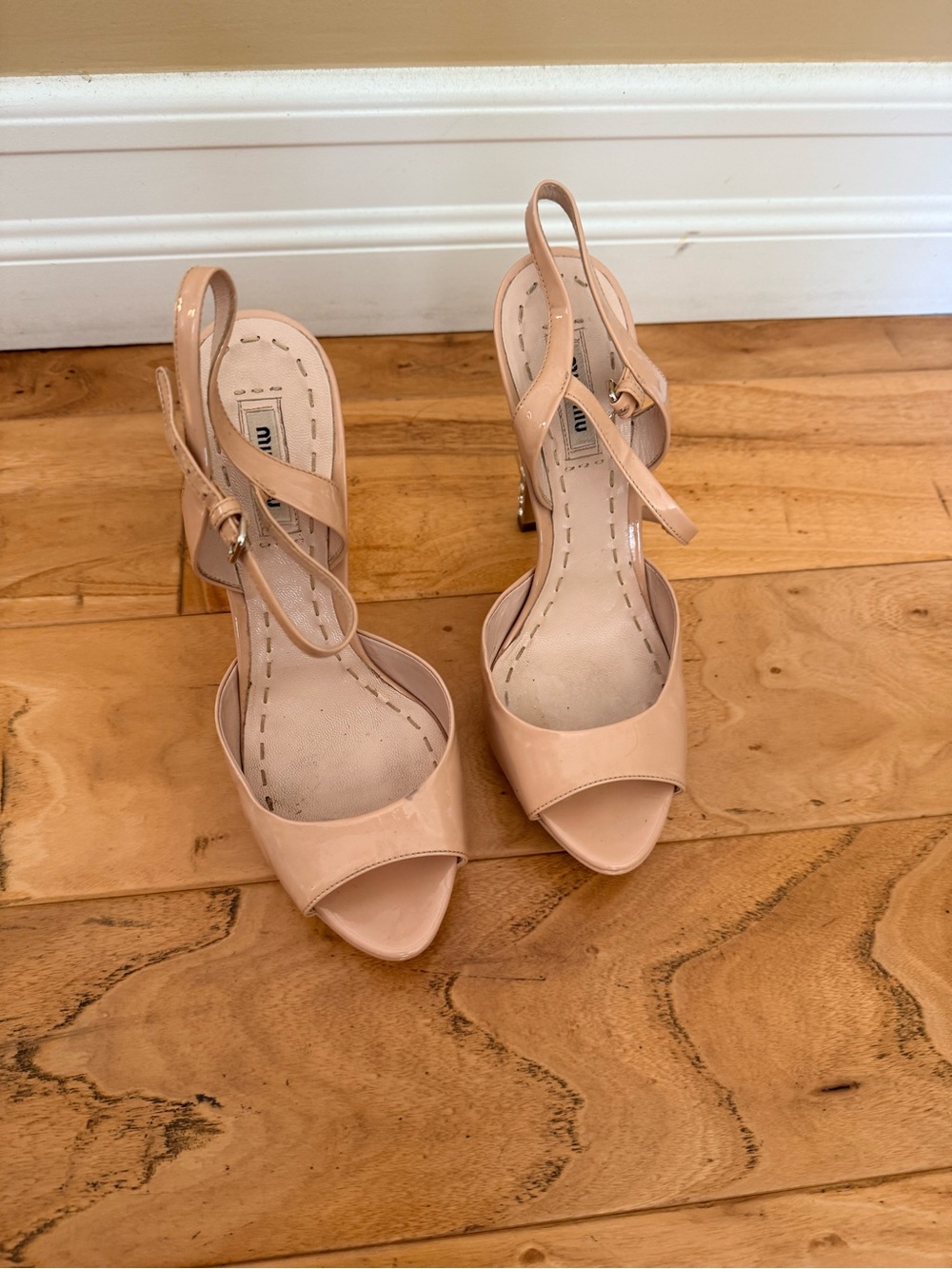 Miu Miu Blush Patent Leather Open-Toe Ankle Strap Heels